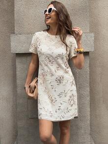 Solivie 女士春夏短袖亮片迷你连衣裙，适合派对、度假、婚礼等场合 - 杏色 - 查看 5