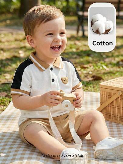 Cozy Pixies 2pcs Baby Boy Horse Pattern Knit Soft Collar Short Sleeve Top And Elastic Waist Shorts Set