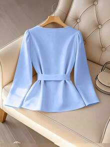 GlowEve CURVE Rhinestone Embellished Square Collar Cute Bow Plus Size Blouse - Baby Blue - View 2
