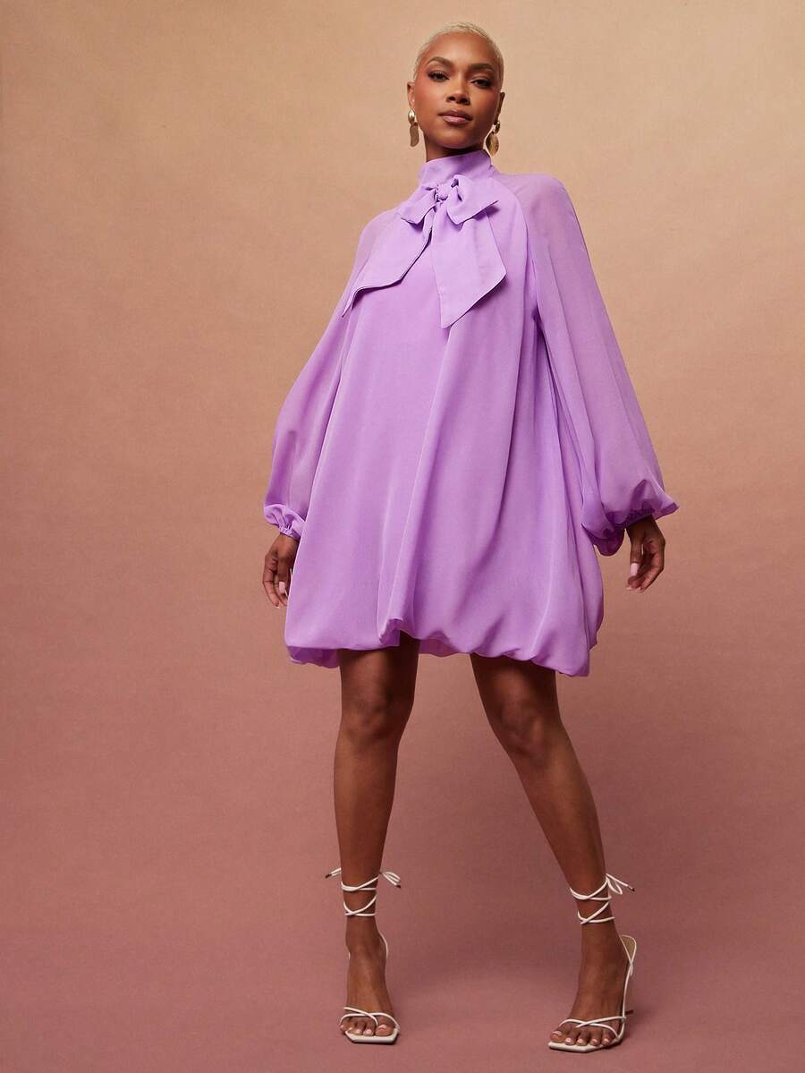 Vixey Đầm chiffon tay phồng và gấu áo cao, cổ giả, thắt nơ. - Màu tím hoa cà - Xem 1