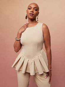 Vixey Solid Woven Sleeveless Round Neck Peplum Top - Khaki - View 4