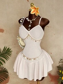 Sunspun Váy ngắn ôm sát, dây mảnh, thích hợp cho kỳ nghỉ hè trên bãi biển. - Màu be - Xem 8