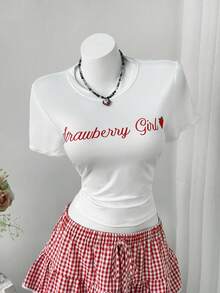 Sunspun Bộ 2 món gồm áo croptop in họa tiết ôm sát và chân váy xòe kẻ caro phối màu tương phản. - Đỏ - Xem 5