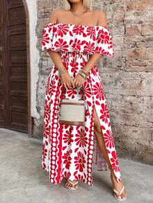 GlowEve CURVE Plus Size Women's Summer Romantic Floral Print Ruffle Trim Off-Shoulder Elastic Waist Maxi Dress, Suitable For Beach Vacation And Travel - Red - View 3
