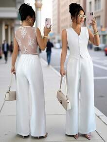 Elenzga 女士优雅通勤办公套装，白色编织撞色蕾丝无袖背心+直筒阔腿裤，女士工作服两件套优雅套装，女士商务休闲装，女士工作背心白色阔腿裤，女士正式服装工作服 - 白色 - 查看 1