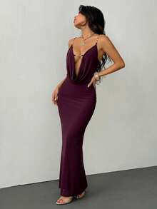 SHEIN PETITE 优雅派对礼服，网纱梅紫色性感露背深V领垂褶长款紧身连衣裙，适合派对、音乐节等场合，女士优雅礼服 - 紫色 - 查看 4
