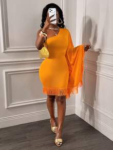 Glyssa Vestido curto feminino sexy com um ombro só e franjas. - Laranja - Ver 4