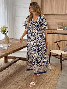 Louniche Đầm maxi dáng chữ A suông, tay cánh dơi in họa tiết hình học màu xanh dương, cổ chữ V, kiểu dáng thoải mái, phong cách boho, thích hợp cho kỳ nghỉ hè của nữ. - Nhiều màu - Xem 3