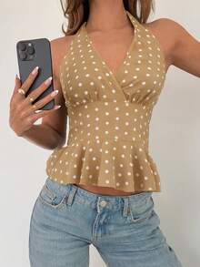 RiviMae Women's V-Neck Halter Ruffle Polka Dot Sleeveless Top, Suitable For Spring Music Festivals - Khaki - View 4