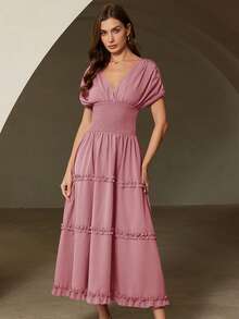 Aveloria Rosie Vestido morado con textura, mangas cortas de hombros caídos, cintura fruncida, falda acampanada con volantes en el bajo, elegante y romántico, versátil para vacaciones para mujeres - Rosa - Ver 4