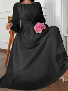 Vibekara 优雅法式雪纺褶皱A字高腰及踝连衣裙，杏色，加大码 - 黑色 - 查看 3