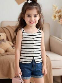 SHEIN Young Girl Striped Crew Neck Sleeveless Cardigan - Black and White - View 6