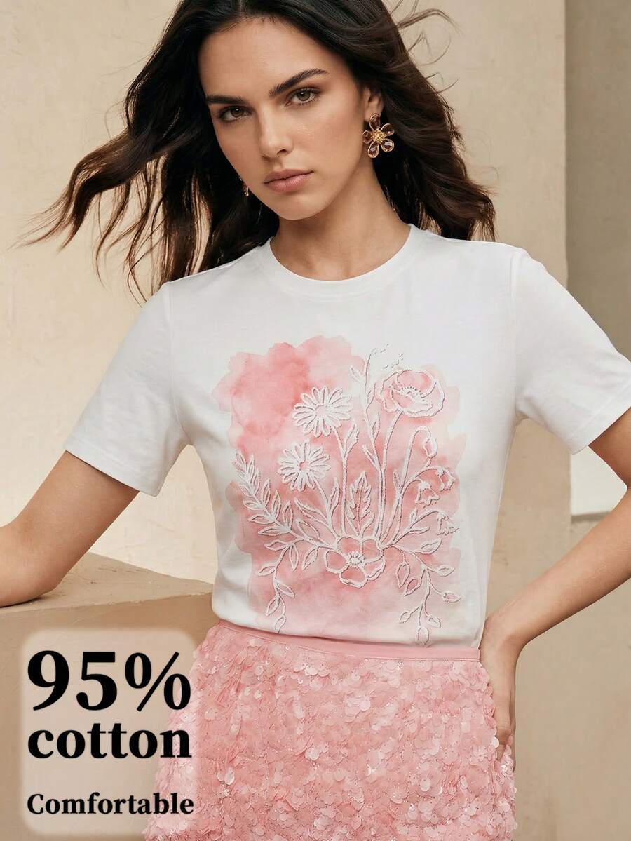 Anewsta Women's Elegant & Playful Printed T-Shirt, Suitable For Daily Commute - White - View 1