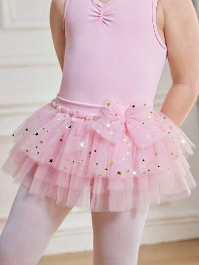 女童弹力柔软粉色网纱蓬蓬裙，闪亮亮片装饰，可爱蝴蝶结点缀，适合派对、度假、社交场合、芭蕾舞、体操练习、日常穿着和聚会。