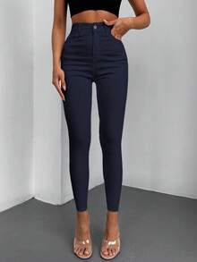 EURMUSE Solid Zipper Fly Skinny Jeans - Navy Blue - View 5