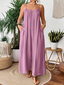 SHEIN Clasi Bộ áo liền quần ống đứng màu xanh nhạt, xếp ly phía trước. - Hồng - Xem 1