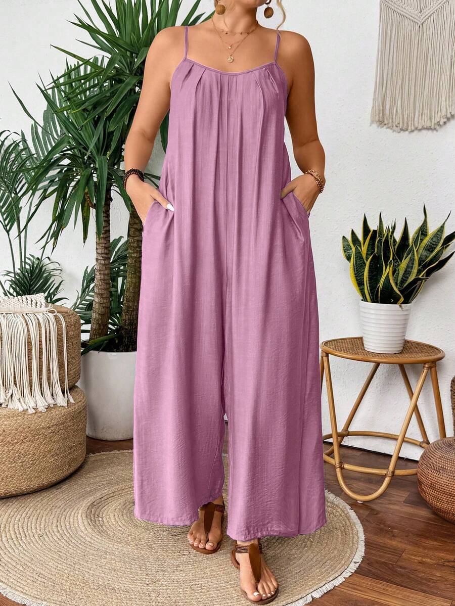 SHEIN Clasi Bộ áo liền quần ống đứng màu xanh nhạt, xếp ly phía trước. - Hồng - Xem 1