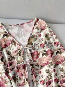 SHEIN LUNE Women's Casual Printed Drawstring Flare Sleeve Top, Suitable For Autumn/Winter - Multicolor - View 6