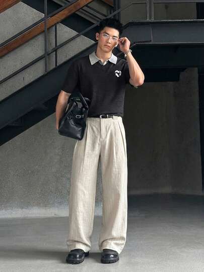 NEON BLANC Plus Size Men's Grey Vertical Striped Woven Wide Leg Pants