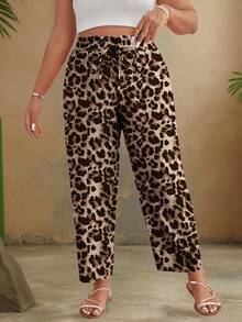 Travachic Plus-Size Women's Leopard Print Loose Striped Casual Pants With Drawstring Waistband And Ruffled Hem. - Brown - View 1