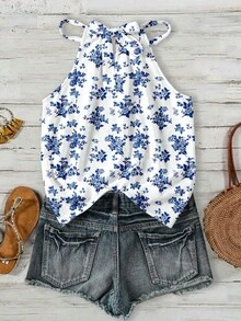 SHEIN LUNE 经典优雅蓝白花卉印花吊带背心 - 波西米亚风夏季度假上衣，适合海滩、邮轮、音乐节、演唱会、婚礼宾客、城市旅行、海岛度假、乡村音乐活动，也是一份贴心的母亲节礼物。 - 彩色 - 查看 2