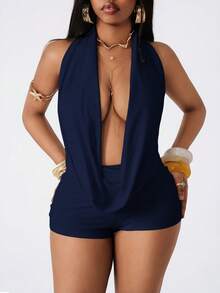 Vadaroq Bộ đồ liền thân nữ mùa xuân/hè phong cách đường phố sành điệu, cổ chữ V, gợi cảm, thích hợp cho kỳ nghỉ, mang hơi hướng Y2K, chất liệu co giãn, thoải mái, màu trắng. - Xanh đậm - Xem 3