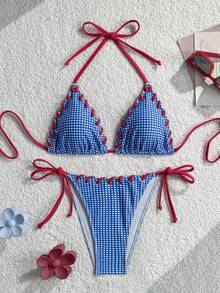 Swim Mod 2pcs/Set Plaid Print Spaghetti Strap Backless Tie Swimsuit Set For Women, Spring/Summer - Blue and White - View 3