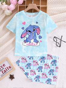 SHEIN 可爱卡通露露兔，针迹图案，扎染天蓝色，青少年女孩休闲简约圆领短袖短裤睡衣套装，适合夏季，清凉凉爽，夏季服装，轻松舒适，时尚儿童，休闲装，儿童图案服装，返校 - 彩色 - 查看 3