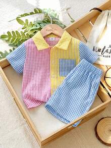 SHEIN Vintaside Kids Bộ áo sơ mi và quần short họa tiết thời trang đường phố cho bé trai. - Nhiều màu - Xem 6