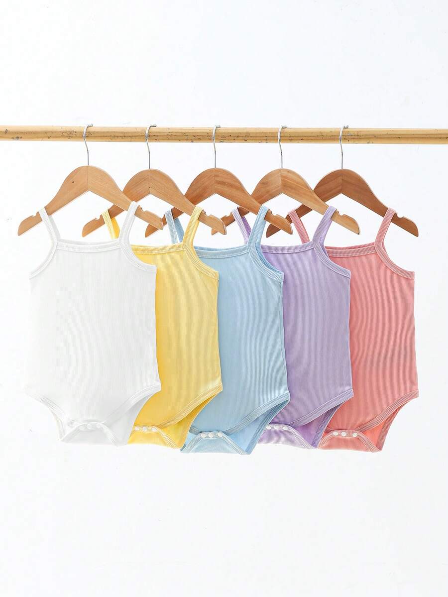 SHEIN Playful Pals 5 pièces/set Body bébé fille 0-3 ans, combinaison décontracté polyvalente en tricot côtelé de couleur unie - Multicolore - Voir 1