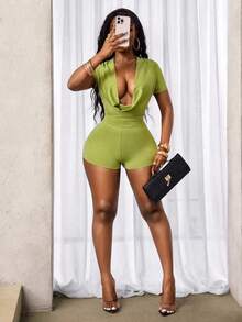 BamGleam Women's Neon Green Plunging Neck Short Sleeve Sexy Romper Bodysuits For Women Romper , Summer Clothes  , Summer Outfits For Women , Summer Outfits ,  Summer Outfit For Women ,Vacation Outfits Women Women Vacation Outfit Sets Yacht Outfit Women Matcha Holiday Outfits For Women Boat Cruise Outfit Women - Green - View 4