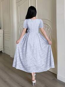 Modelyn Cut-Out Waist Flared Dress With 3D Floral Decor For Women - Baby Blue - View 2