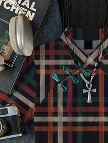 女士条纹短袖纽扣休闲衬衫 - 彩色 - 查看 3