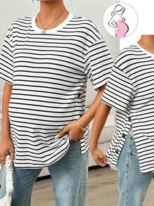 SHEIN 孕妇条纹圆领短袖休闲T恤，侧开衩下摆 - 白色 - 查看 3