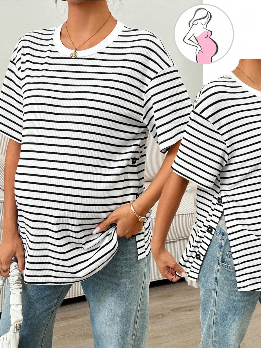 SHEIN Maternity Striped Round Neck Short Sleeve Casual T-Shirt With Side Slit Hem - White - View 1