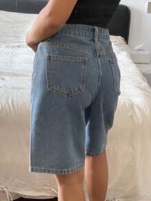 Livesso Quần short denim nữ dáng suông 5 điểm họa tiết râu mèo, kiểu dáng mùa hè. - Rửa trung bình - Xem 4