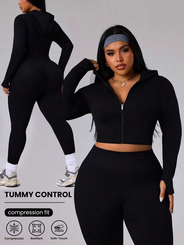 Rhythm Era Women's Seamless Plus Size Sports Set, Women's Black Seamless Long Sleeve Cropped Hooded Zipper Top With High Waist Leggings Sports Set Tummy Control Workout Set Seamless Set Women