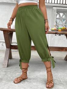 SHEIN CURVE+ Pantalones Capri de Talla Grande con Cintura Alta y Cordón, Primavera/Verano - Verde - Ver 3
