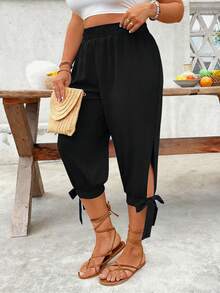 Breezaya 大码女式束腰休闲双色裤 - 黑色 - 查看 6