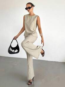 Siren Gaze 2件套亚麻女士夏季新款露背蕾丝拼接吊带背心和阔腿裤套装 - 杏色 - 查看 8