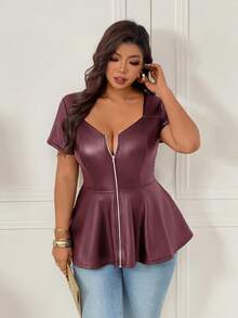 Femmeverse Women's Plus Size New Solid Color Square Neck Keyhole A-Line Elastic PU Top, Slimming And Hip Covering - Burgundy - View 6