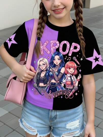 Camiseta de manga corta con estampado gráfico de grupo de chicas para niñas preadolescentes, casual y cómoda para primavera/verano, conjunto de verano versátil y de moda adecuado para actividades al aire libre, picnics, fotografía callejera, hogar, escuela, festivales, regalos