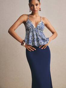 Poéselle Women's Plant Pattern Ruffle Hem Camisole And Fish Tail Midi Skirt Set - Multicolor - View 1