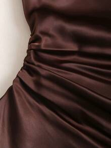 Sweetra Petite Áo kiểu dáng ôm sát, eo nhún bèo, phối ren, chất liệu satin, màu cà phê, thích hợp cho phái nữ nhỏ nhắn, phong cách xuân/hè. - Cà phê nâu - Xem 6