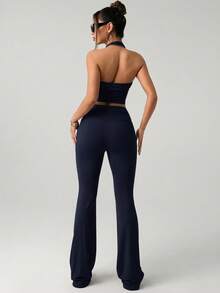 SHEIN ICON Women's Gray Halter Backless Top With Pants, Basic Casual Sports 2 Pieces Set - Navy Blue - View 2
