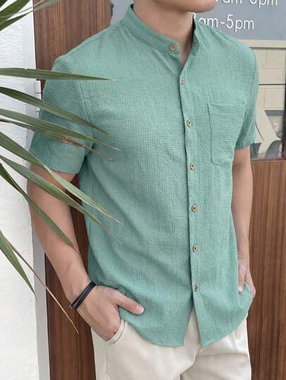 HIMLAND Men's Casual Textured Bubble Chiffon Short Sleeve Shirt ,Men's Sage Green Textured Band Collar Shirt ,Summer Lightweight Grandad Collar Blouse ,Wrinkle Free Seersucker Casual Top ,Breathable Collarless Beach Wedding Shirt ,Relaxed Fit Wooden Button Holiday Shirt ,Soft Waffle Knit Short Sleeve Button Up ,Men's Band Collar Shirt ,Summer Casual Seersucker Beach Top With Pocket ,Men's Band Collar Shirt ,Textured Short Sleeve ,Grandad / Mandarin Collar Shirt ,Casual Beach Button Down ,Pocket Shirt Men ,Sage Green / Mint Green Shirt