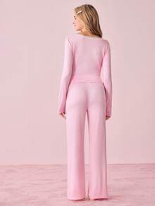 SHEIN 两件套女士方领蝴蝶结INS风睡衣套装，舒适优雅细节，秋冬服装 - 藕粉色 - 查看 2