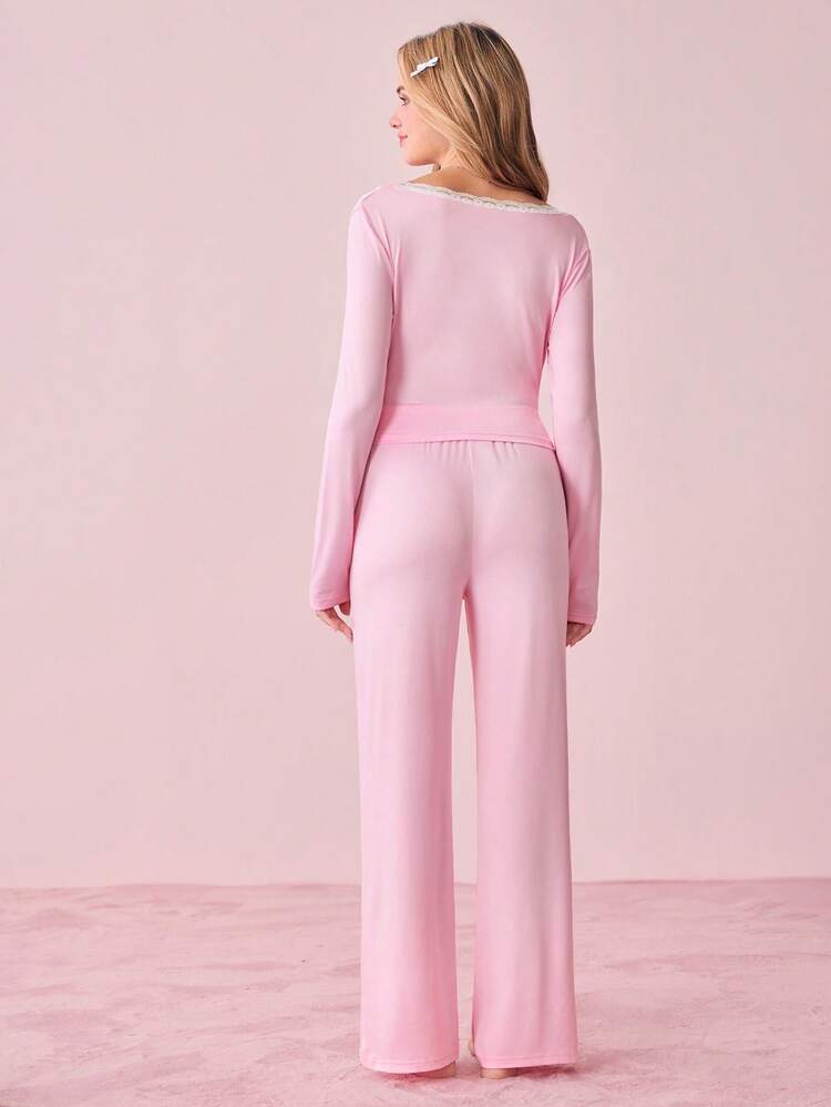 SHEIN Bộ đồ ngủ nữ cổ vuông thắt nơ phong cách INS 2 món ấm áp và thanh lịch, trang phục thu đông - Bụi hồng - Xem 2