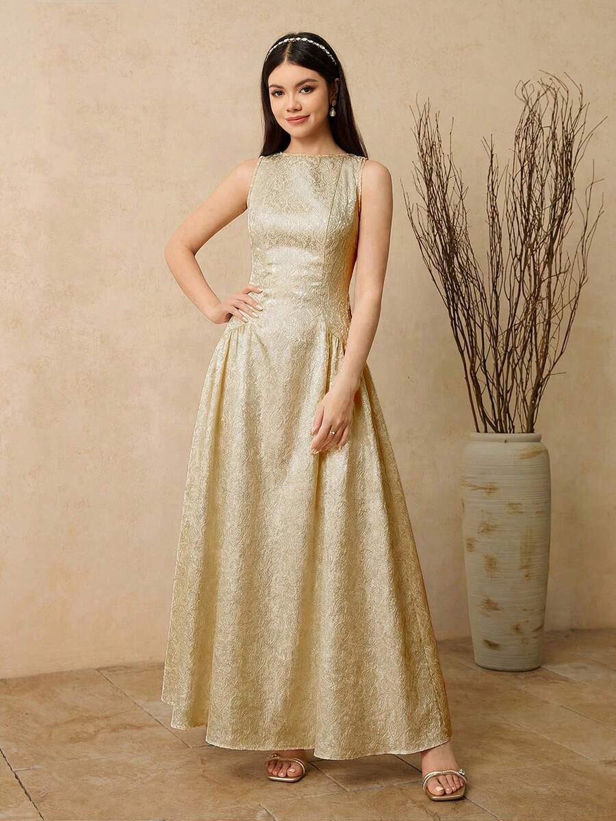 SHEIN Đầm không tay khóa kéo bằng vải jacquard thanh lịch dành cho thiếu nữ, thích hợp mặc hàng ngày và nhiều dịp khác nhau, mùa xuân/hè. - Màu Khaki - Xem 1