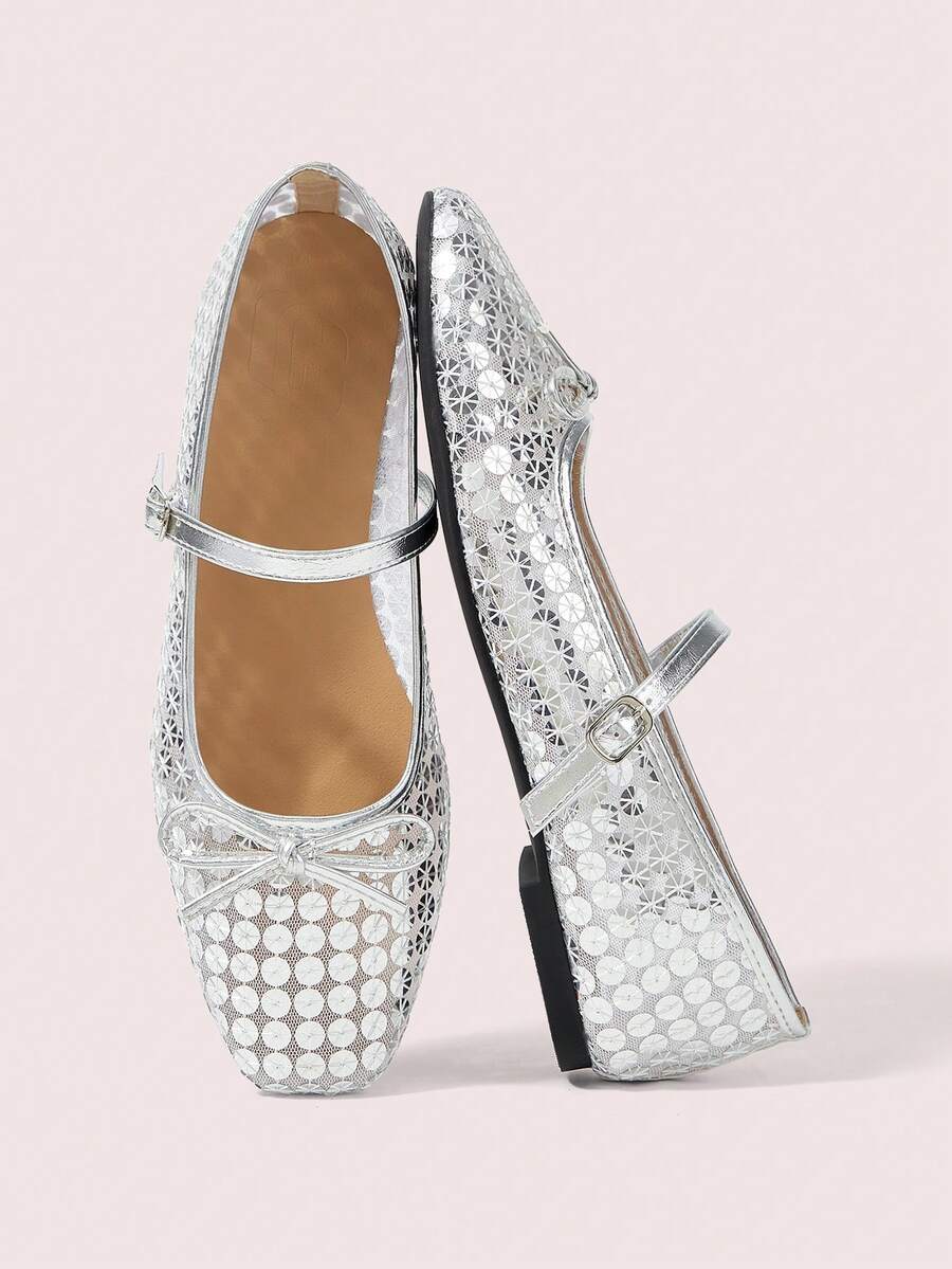 CUCCOO DOLLMOD Ladies Silver Mesh Sequins Decorative Sweet Bow Decorative Design French Low Vamp Breathable Mary Jane Shoes Upper Sequined Mesh Material Suitable For Spring And Summer Wear - Silver - View 1